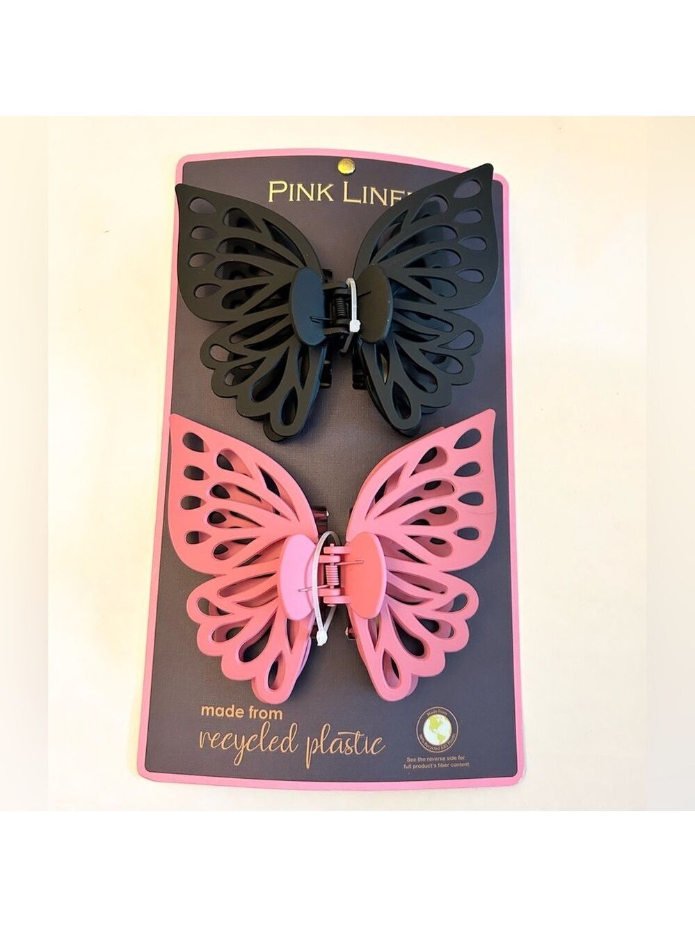 Pink Lined 2 Butterfly Hair Clips Clips Pink & Black NEW